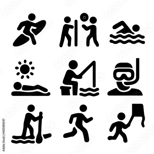 Beach Activity Icons. Solid, filled icon set of Beach activities: surfing, volleyball, swimming, sunbathing, fishing, snorkeling,