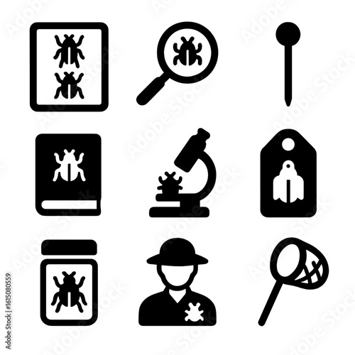 Beetle Collection Set. Solid, filled icon set of beetle collection and study: specimen box, magnifying glass, insect pin, field