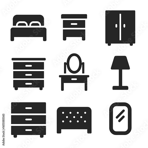 Bedroom Furniture Icons. Solid, filled icon set of bedroom furniture: bed, nightstand, wardrobe, dresser, vanity table, bedside