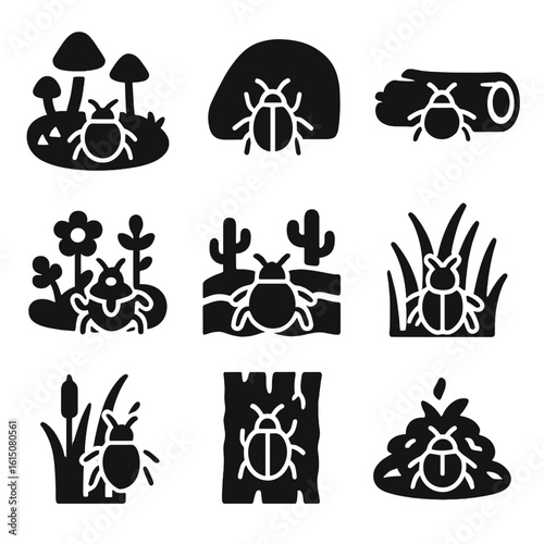 Beetle Habitat Icons. Solid, filled icon set of beetle habitats: forest floor, under rock, rotting log, garden, desert, grassland,