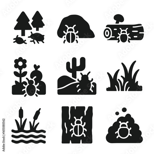 Beetle Habitat Icons. Solid, filled icon set of beetle habitats: forest floor, under rock, rotting log, garden, desert, grassland,