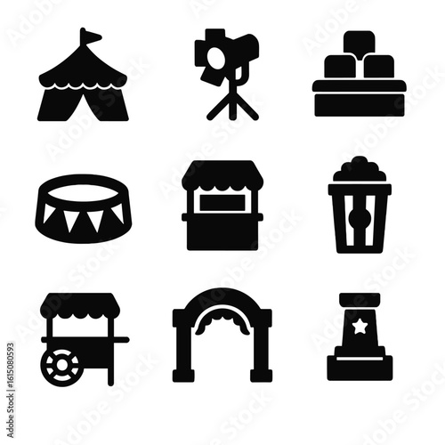 Big Top Icons. Solid, filled icon set of big top stage elements: circus tent, spotlight, grandstand, center ring, ticket booth,