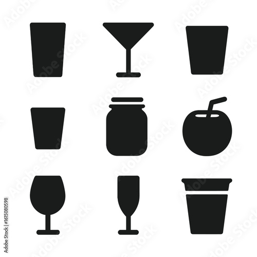 Beverage Icon Set. Solid, filled icon set of beverage containers: highball glass, martini glass, tumbler, shot glass, mason jar,