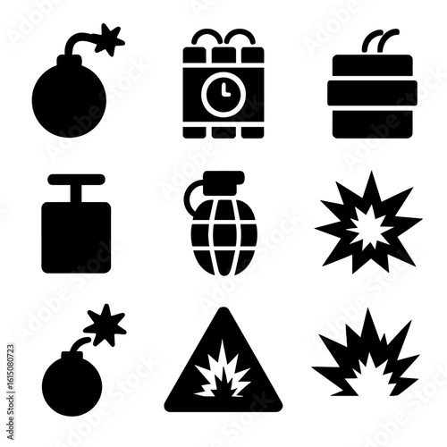 Black Bomb Icons Grid. Solid, filled icon set of bombs and detonations: round bomb, ticking timer, wired explosive, C4 block,