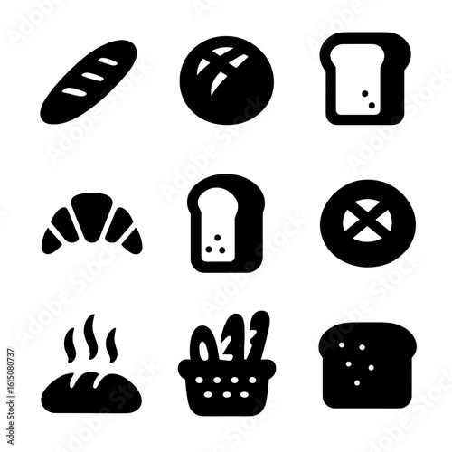 Black Bread Icons. Solid, filled icon set of fresh bread: baguette, round loaf, sliced bread, croissant, whole wheat bread, bread