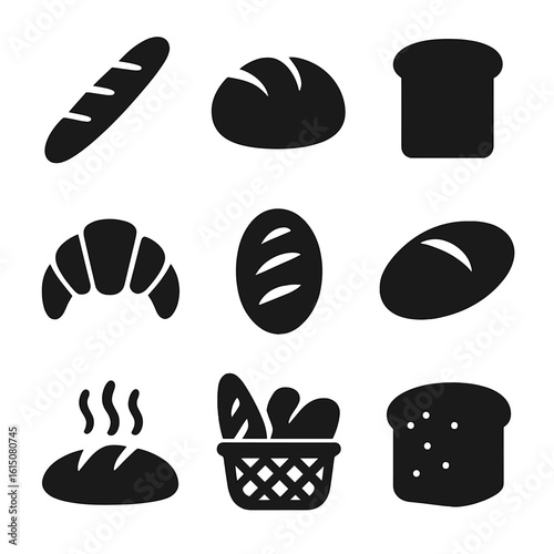 Black Bread Icons. Solid, filled icon set of fresh bread: baguette, round loaf, sliced bread, croissant, whole wheat bread, bread