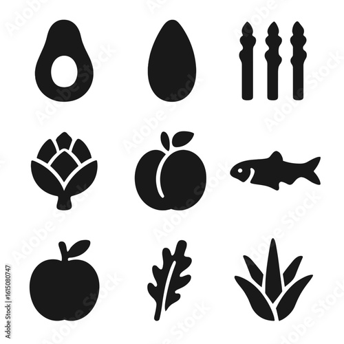 Black Food Icons. Solid, filled icon set of foods starting with A: avocado, almond, asparagus, apricot, artichoke, anchovy, apple,