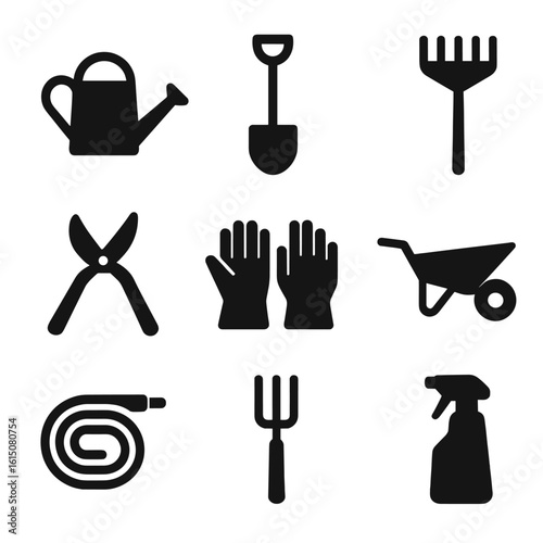 Black Garden Tools Set. Solid, filled icon set of garden tools with watering can: watering can, shovel, rake, pruner, gloves,