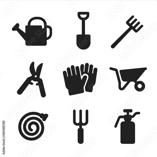 Black Garden Tools Set. Solid, filled icon set of garden tools with watering can: watering can, shovel, rake, pruner, gloves,