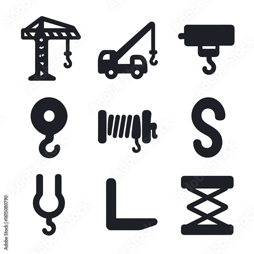 Black Lifting Equipment Icons. Solid, filled icon set of lifting equipment: tower crane, mobile crane, hoist, pulley, winch, hook,