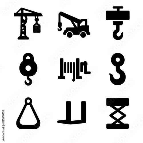 Black Lifting Equipment Icons. Solid, filled icon set of lifting equipment: tower crane, mobile crane, hoist, pulley, winch, hook,