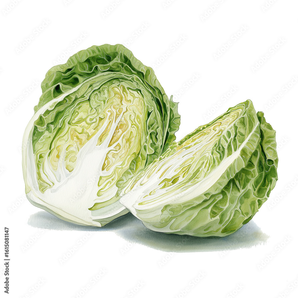 Obraz premium 白菜を水彩で柔らかく丁寧に描いた美しい野菜イラスト素材、自然な色合いと繊細な筆致が特徴のアート作品、料理レシピや食品関連のデザインにも活用可能