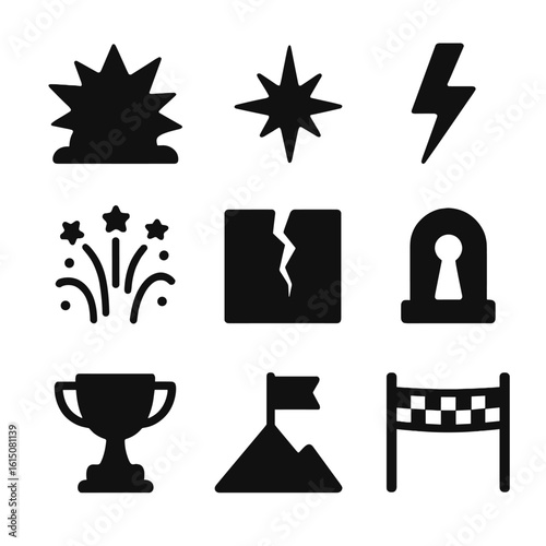 Breakthrough Icons Grid. Solid, filled icon set of breakthrough moments: explosion, spark, lightning bolt, fireworks, cracked wall