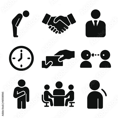 Business Etiquette Icons. Solid, filled icon set of business etiquette: bowing figure, handshake icon, professional attire,