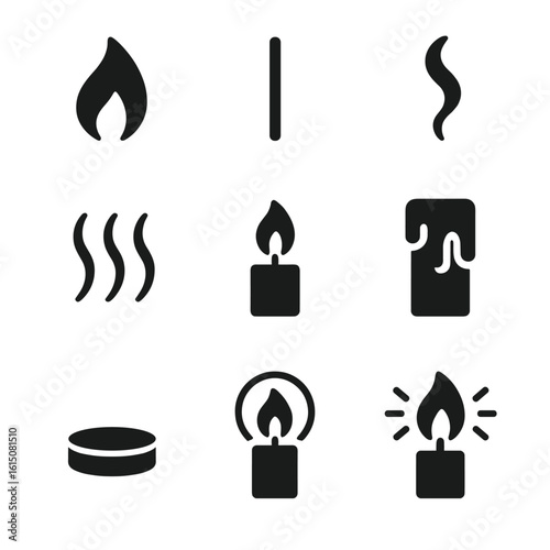Candle Elements Icons. Solid, filled icon set of candle elements: flame, wick, wax, smoke, heat waves, melted wax, base, glow,