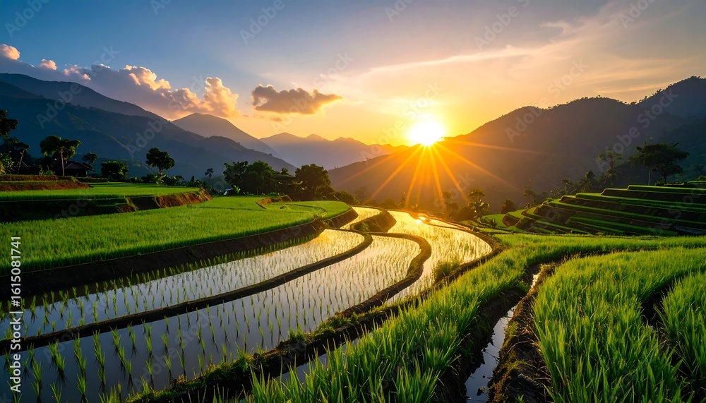Obraz premium Sun setting over vibrant green rice terraces in a mountainous region