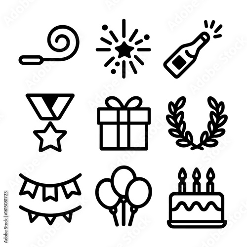 Celebration Icon Set. Solid, filled icon set of celebratory items: party horn, fireworks explosion, champagne bottle popping, gold