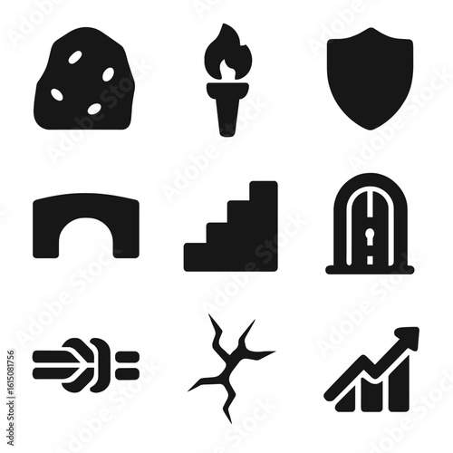 Challenge Icon Set. Solid, filled icon set of overcoming challenges: rock wall, torch, shield, bridge, rising steps, locked door,