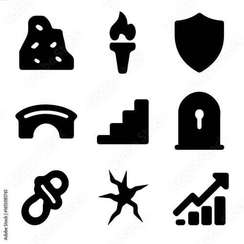 Challenge Icon Set. Solid, filled icon set of overcoming challenges: rock wall, torch, shield, bridge, rising steps, locked door,