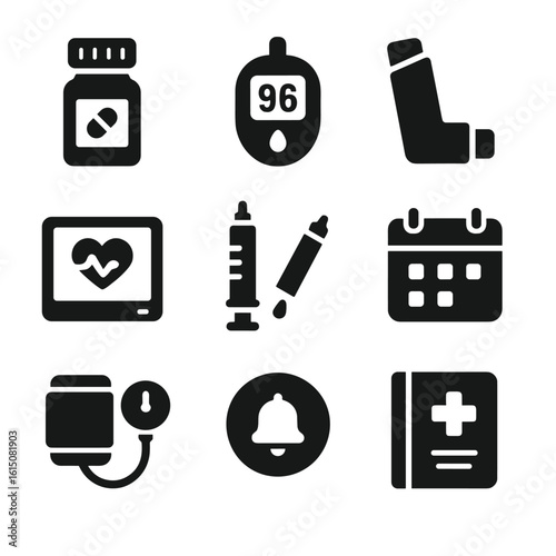 Chronic Disease Icon Set. Solid, filled icon set of chronic disease management: pill bottle, glucose meter, inhaler, heart monitor