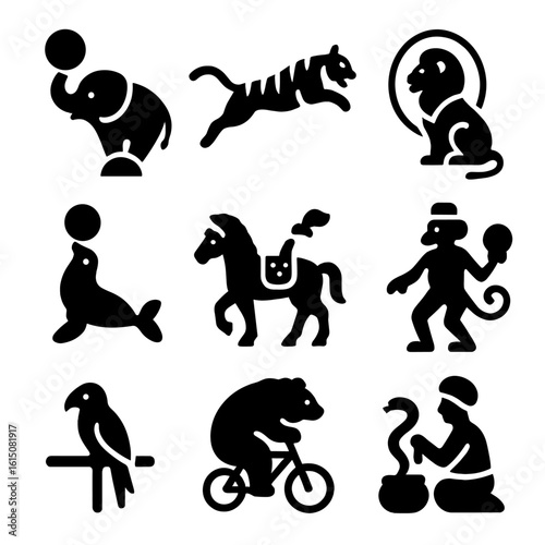 Circus Animal Acts Icons. Solid, filled icon set of circus animal acts: elephant with ball, tiger jumping, lion with hoop, trained