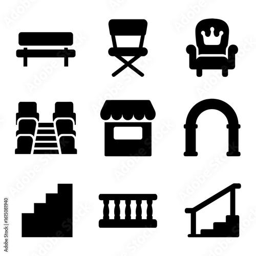 Circus Seating Icons. Solid, filled icon set of circus seating: bench, folding chair, VIP seat, aisle, ticket booth, entrance arch