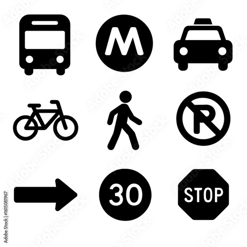 City Signage Icons. Solid, filled icon set of city transportation signage: bus icon, subway symbol, taxi stand, bike share,