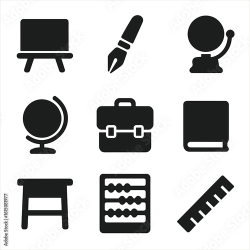 Classic Education Icons. Solid, filled icon set of classic education: chalkboard, fountain pen, school bell, globe, satchel,