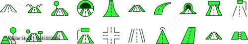 Pack of Filled Color Icons of Green Road. Minimalistic Linear Pictogram for Web and Graphic Design, Apps, Banners, Social Network and Cards
