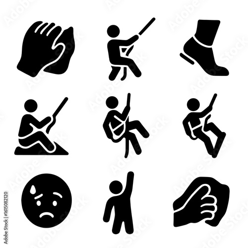 Climbing Action Icons. Solid, filled icon set of climbing actions: gripping rock, pulling rope, foot placement, belaying,