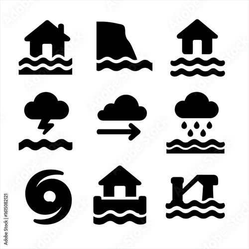 Climate Icons Set. Solid, filled icon set of climate and tide effects: coastal flood, erosion line, rising sea level, storm surge,