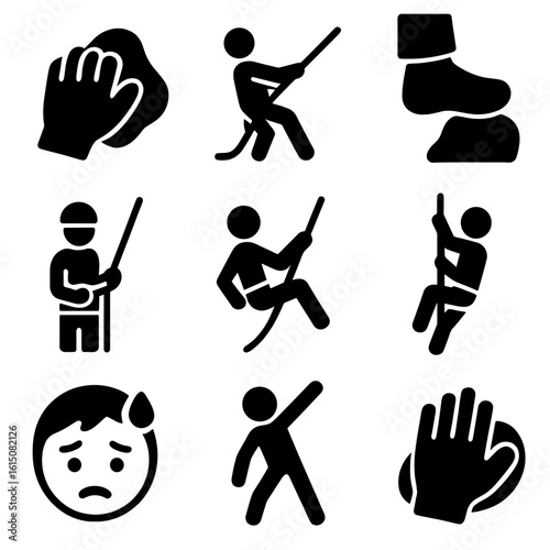 Climbing Action Icons. Solid, filled icon set of climbing actions: gripping rock, pulling rope, foot placement, belaying,