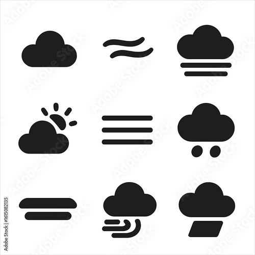 Cloud Icons Grid. Solid, filled icon set of cloudy skies: cumulus cloud, cirrus cloud, overcast sky, partly cloudy, foggy patch,