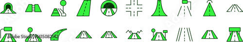 Green Road Filled Color Outline Web Icons Collection. Minimalistic Linear Pictogram for Web and Graphic Design, Apps, Banners, Social Network and Cards