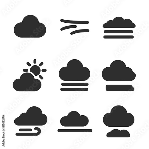 Cloud Icons Grid. Solid, filled icon set of cloudy skies: cumulus cloud, cirrus cloud, overcast sky, partly cloudy, foggy patch,