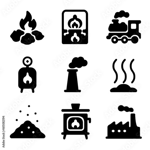 Coal Usage Icons. Solid, filled icon set of coal burning and usage: burning coal, furnace fire, steam engine, boiler, chimney,