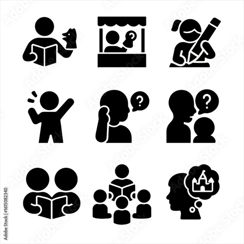 Icon Collection Grids. Solid, filled icon set of storytime activities: reading aloud, puppet show, drawing, acting, listening,