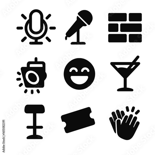 Comedy Club Icons. Solid, filled icon set of comedy club night: neon lamp, stage microphone, brick wall, spotlight, laughing face,