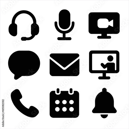 Communication Tools Icons. Solid, filled icon set of communication tools: headset, microphone, video call, chat bubble, email,