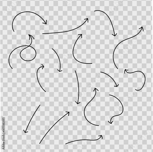curved arrows, hand drawn sketchy arrow set with twist and loop designs on transparent background ideal for infographic pointers highlights direction indicators annotation elements

