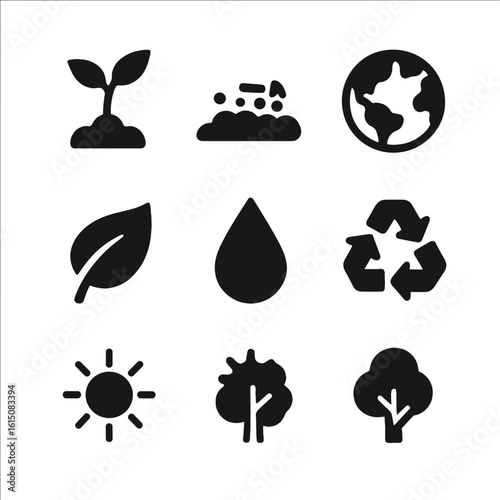 Composting Benefits Icons. Solid, filled icon set of composting benefits: plant growth, healthy soil, reduced waste, earth globe,