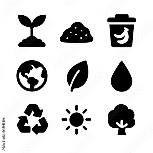 Composting Benefits Icons. Solid, filled icon set of composting benefits: plant growth, healthy soil, reduced waste, earth globe,