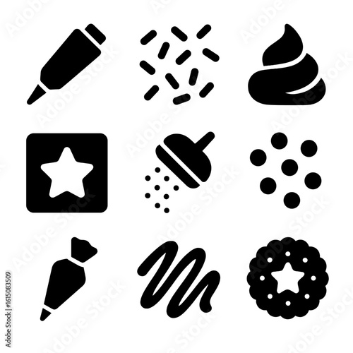 Cookie Decor Icon Set. Solid, filled icon set of cookie decoration: icing tube, sprinkles, frosting swirl, cookie stencil,