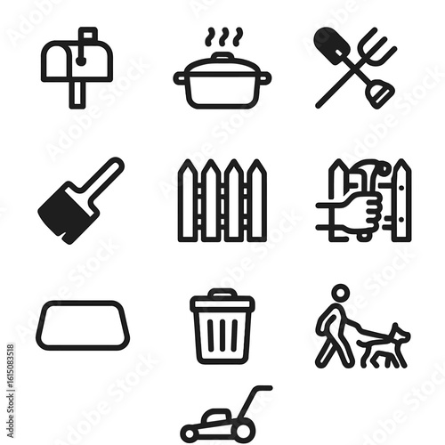 Cooperative Living Icons. Solid, filled icon set of cooperative living: shared mailbox, potluck dish, community garden tools,