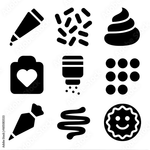 Cookie Decor Icon Set. Solid, filled icon set of cookie decoration: icing tube, sprinkles, frosting swirl, cookie stencil,