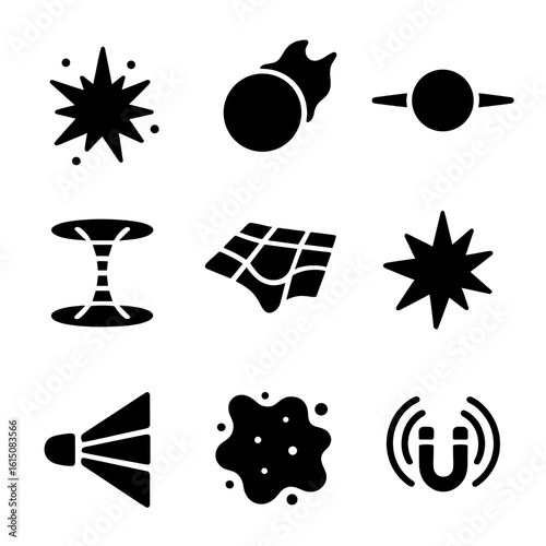 Cosmic Phenomena Icons. Solid, filled icon set of cosmic phenomena: supernova, solar flare, pulsar, wormhole, space-time grid,