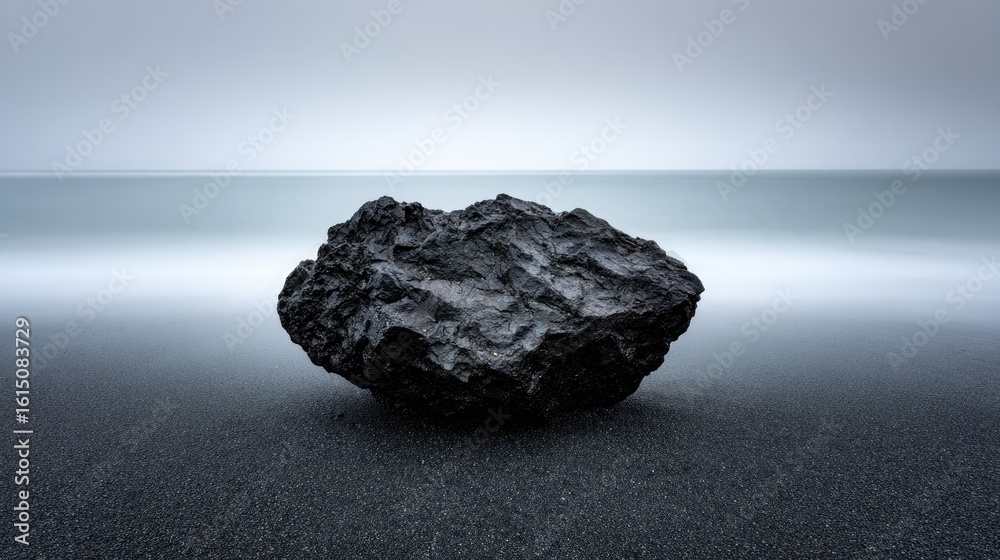 Naklejka premium Solitary dark rock on a black sand beach.