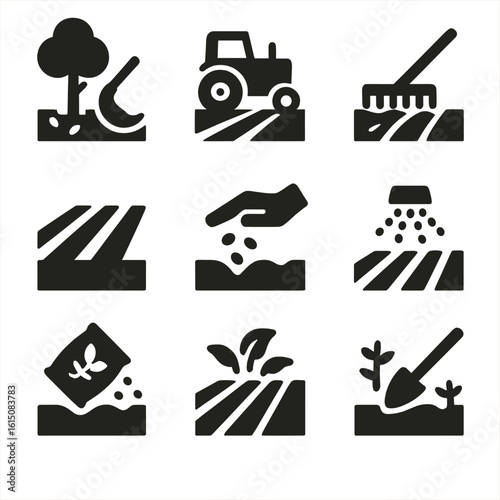 Crop Preparation Icons. Solid, filled icon set of crop preparation stages: land clearing, tilling, leveling, furrowing, seeding,