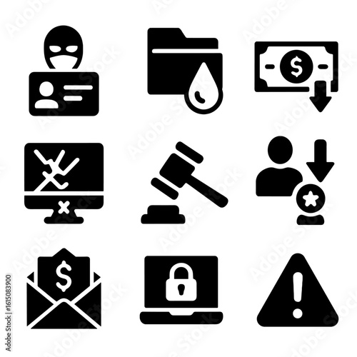 Cybercrime Consequence Icons. Solid, filled icon set of cybercrime consequences: identity theft, data leak, financial loss, system