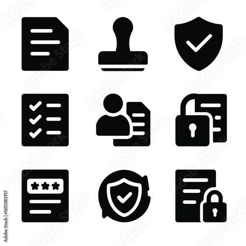 Cybersecurity Policies Icons. Solid, filled icon set of small business cybersecurity policies: document, approval stamp, shield